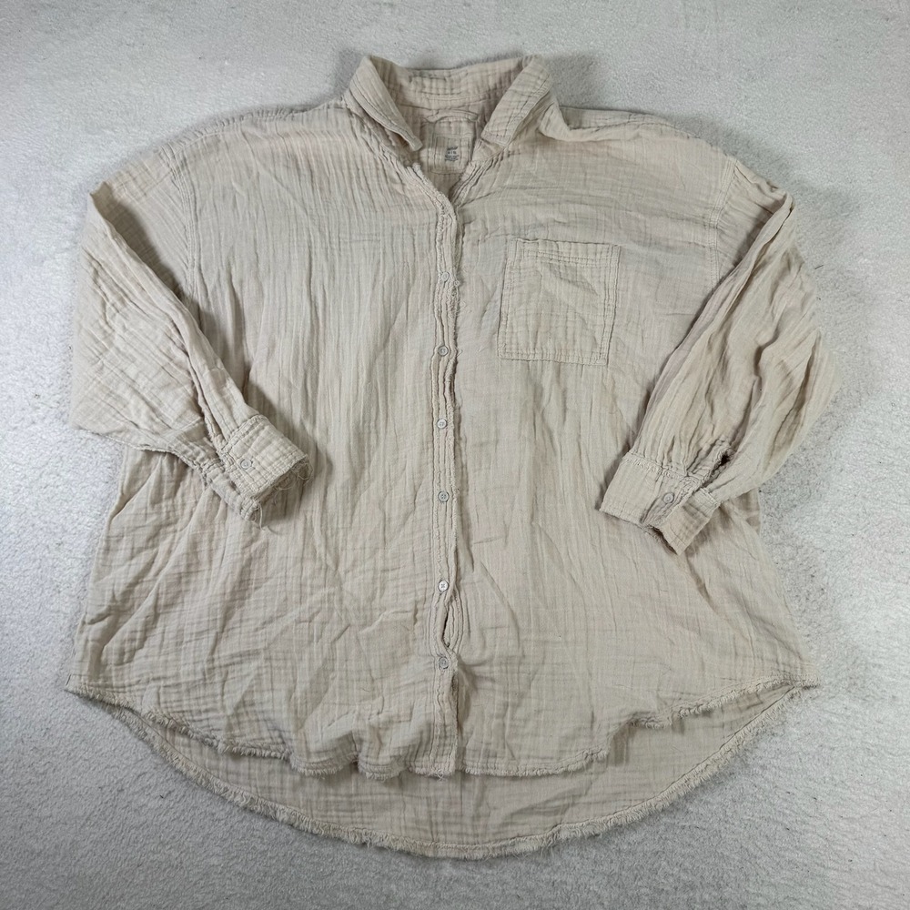 Aerie Button Down Shirt Womens XL Beige Excellent Oversized Gauze Raw Hem Boho